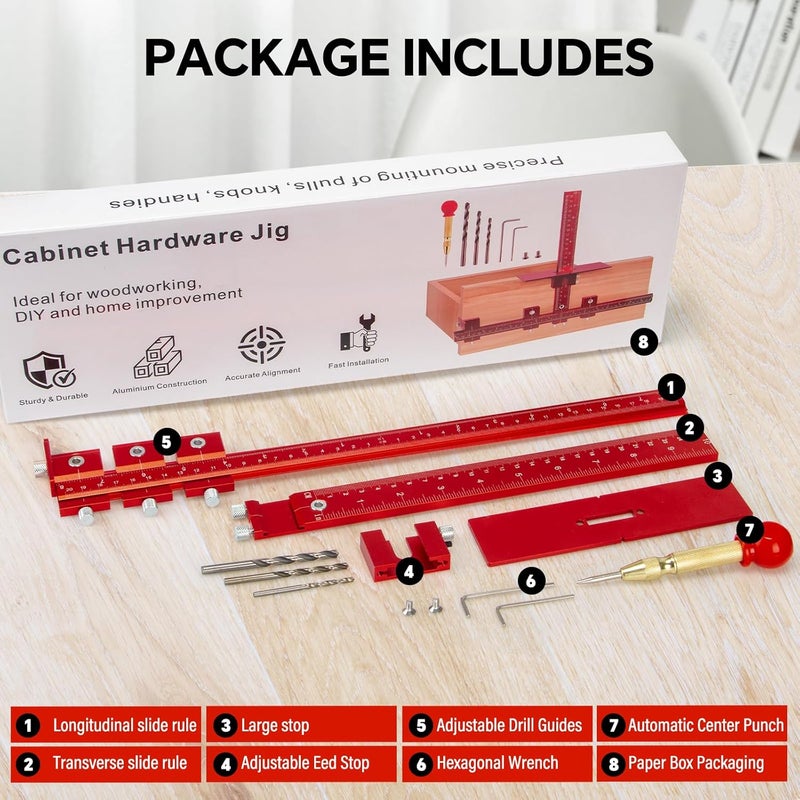 DOCXCDO Aluminum Cabinet Hardware Jig Tool for Handles Pulls Knobs, Cabinet Pull Jig with Automatic Center Punch, Hardware Template for Door Drawer Handles Installation - Image 5